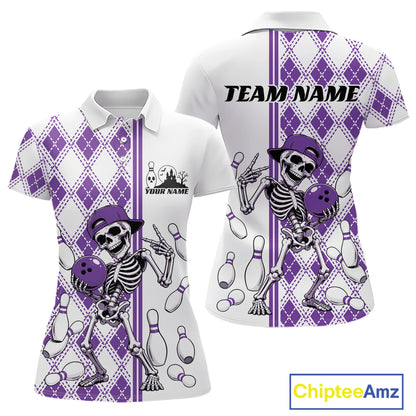 Custom Purple Argyle Pattern Funny Skeleton Halloween Bowling Women Polo Shirt IPHW11977