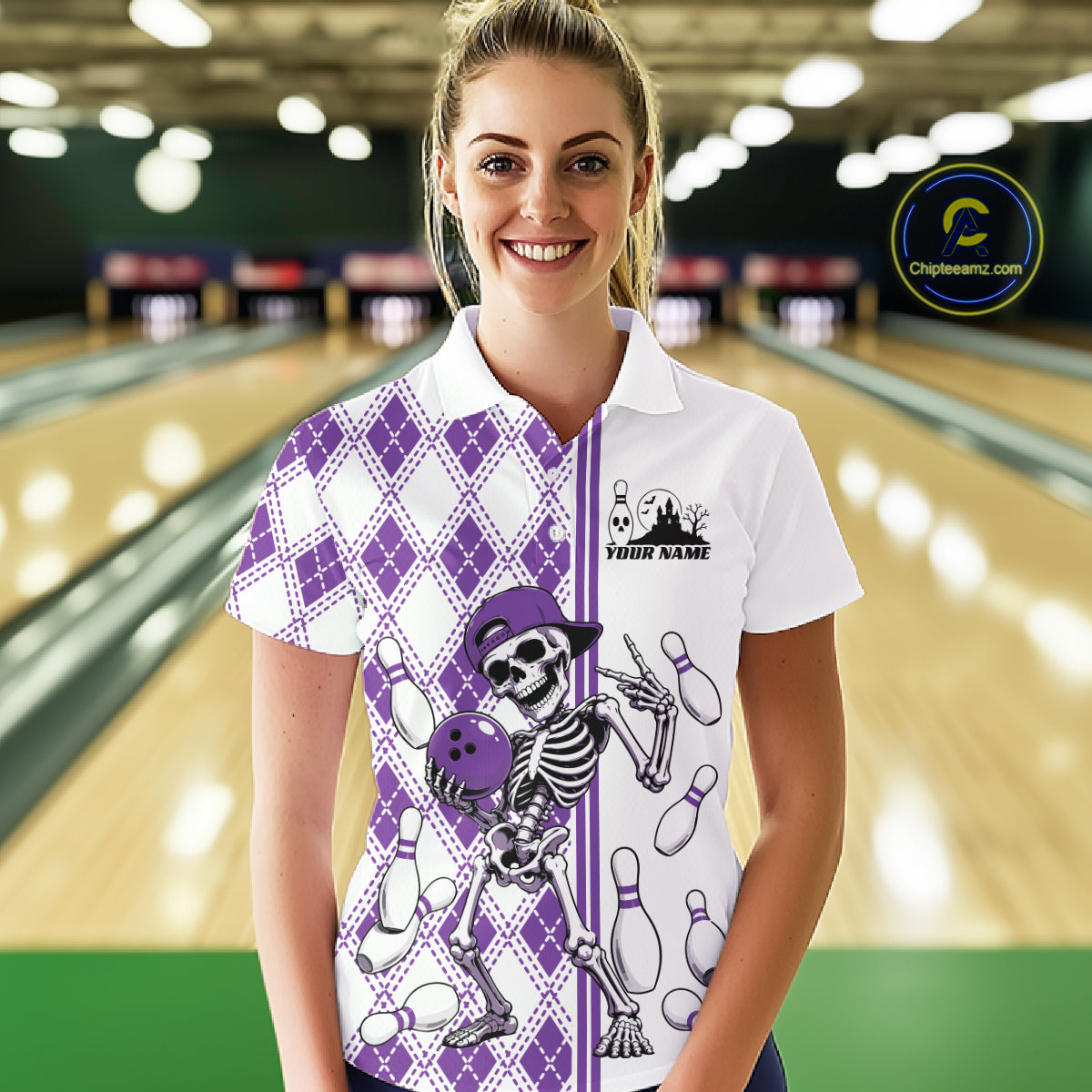 Custom Purple Argyle Pattern Funny Skeleton Halloween Bowling Women Polo Shirt IPHW11977