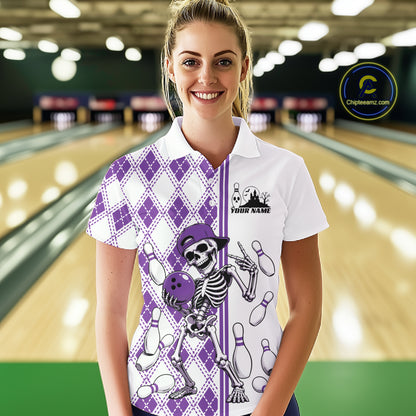 Custom Purple Argyle Pattern Funny Skeleton Halloween Bowling Women Polo Shirt IPHW11977