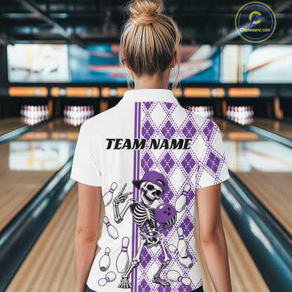 Custom Purple Argyle Pattern Funny Skeleton Halloween Bowling Women Polo Shirt IPHW11977
