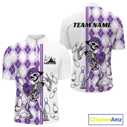 Custom Purple Argyle Pattern Funny Skeleton Halloween Bowling Men Quarter Zip Shirt IPHW11977
