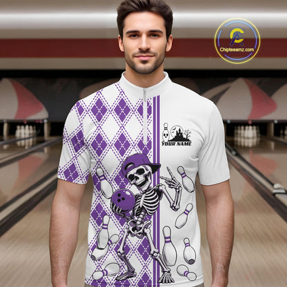 Custom Purple Argyle Pattern Funny Skeleton Halloween Bowling Men Quarter Zip Shirt IPHW11977