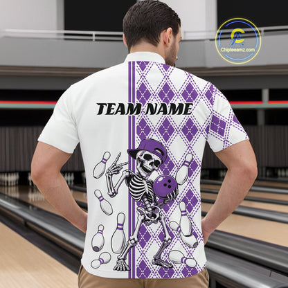 Custom Purple Argyle Pattern Funny Skeleton Halloween Bowling Men Quarter Zip Shirt IPHW11977