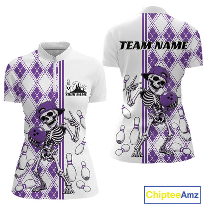 Custom Purple Argyle Pattern Funny Skeleton Halloween Bowling Women Quarter-Zip Shirt IPHW11977