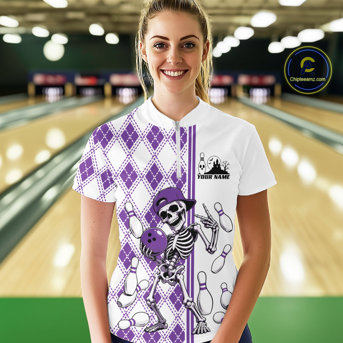 Custom Purple Argyle Pattern Funny Skeleton Halloween Bowling Women Quarter-Zip Shirt IPHW11977