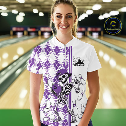 Custom Purple Argyle Pattern Funny Skeleton Halloween Bowling Women Quarter-Zip Shirt IPHW11977