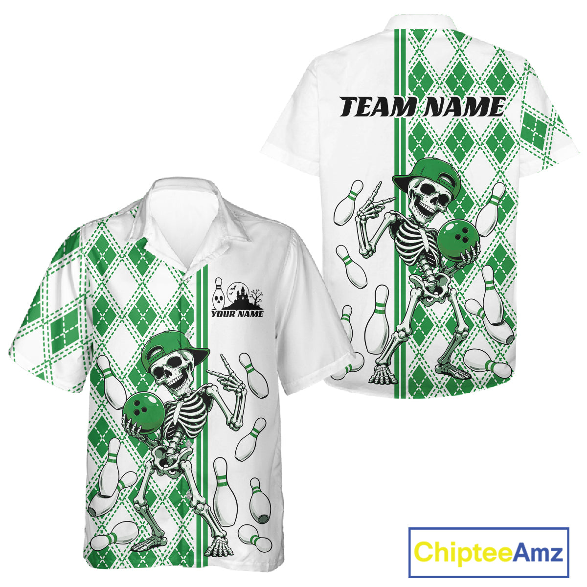 Custom Green Argyle Pattern Funny Skeleton Halloween Bowling Men And Women Button Up Shirt IPHW11978