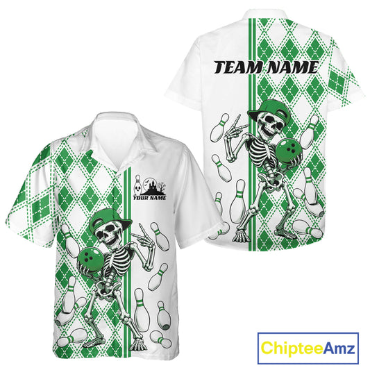 Custom Green Argyle Pattern Funny Skeleton Halloween Bowling Men And Women Button Up Shirt IPHW11978