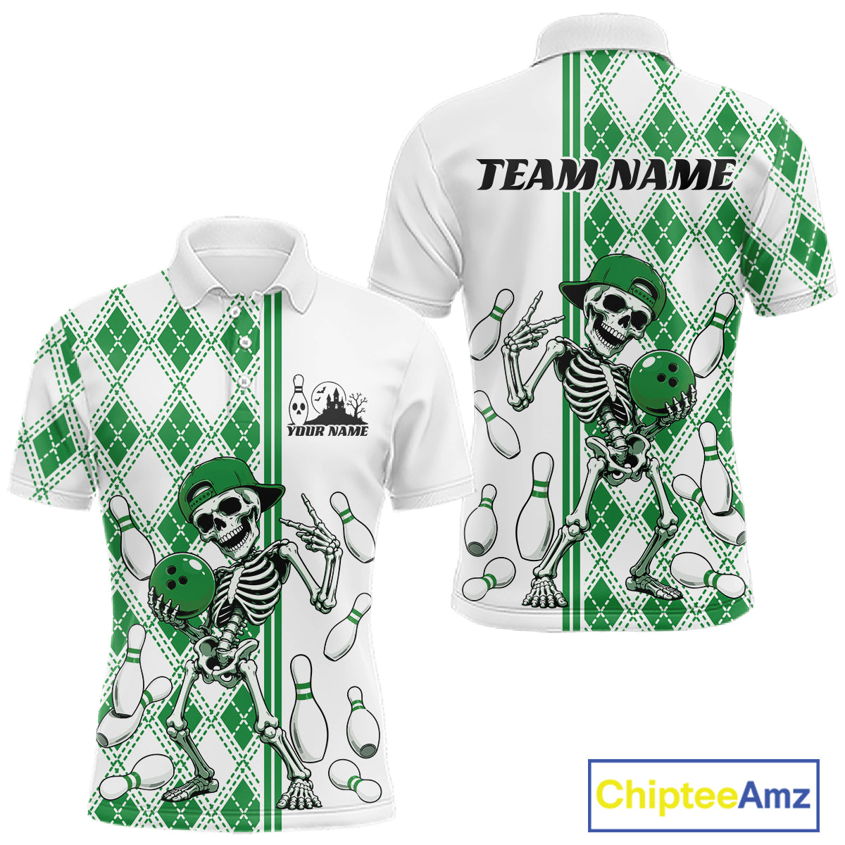 Custom Green Argyle Pattern Funny Skeleton Halloween Bowling Men Polo Shirt IPHW11978
