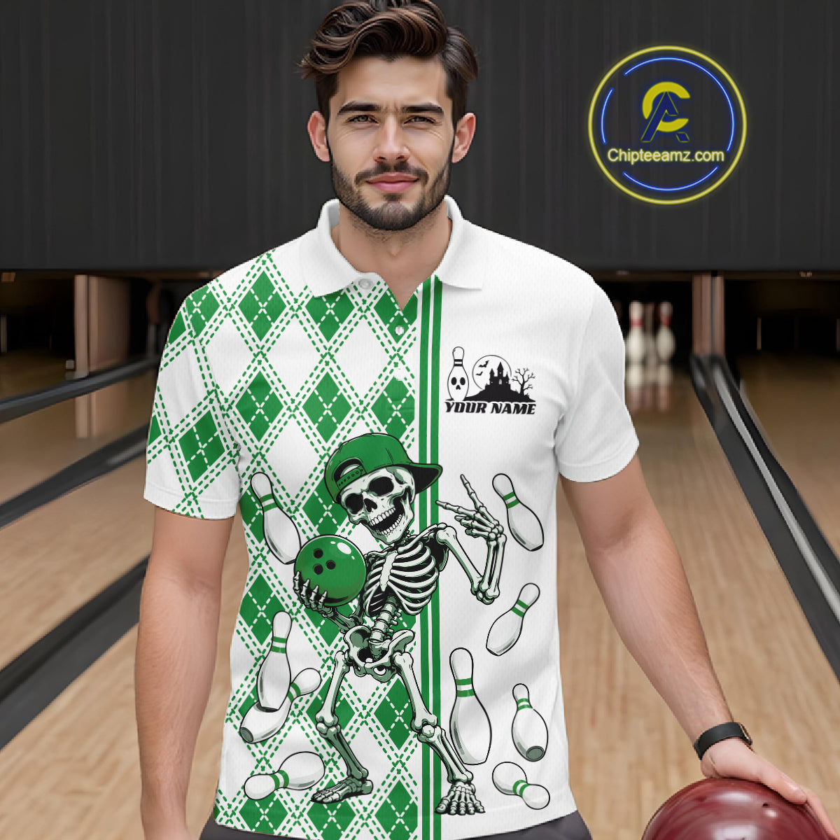 Custom Green Argyle Pattern Funny Skeleton Halloween Bowling Men Polo Shirt IPHW11978