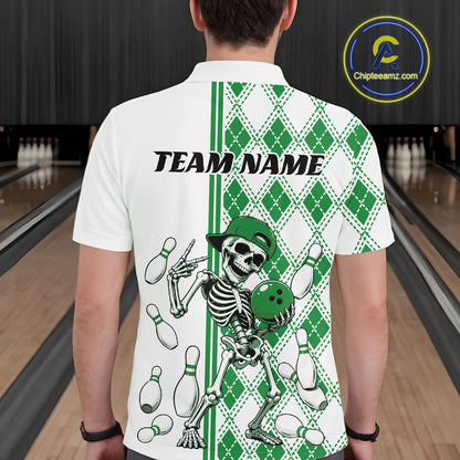 Custom Green Argyle Pattern Funny Skeleton Halloween Bowling Men Polo Shirt IPHW11978