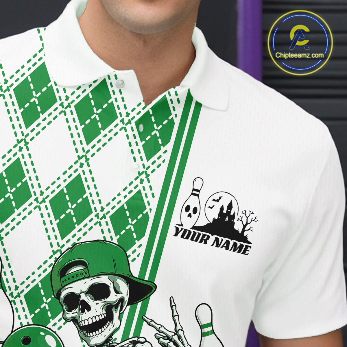 Custom Green Argyle Pattern Funny Skeleton Halloween Bowling Men Polo Shirt IPHW11978