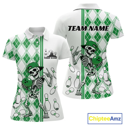 Custom Green Argyle Pattern Funny Skeleton Halloween Bowling Women Polo Shirt IPHW11978