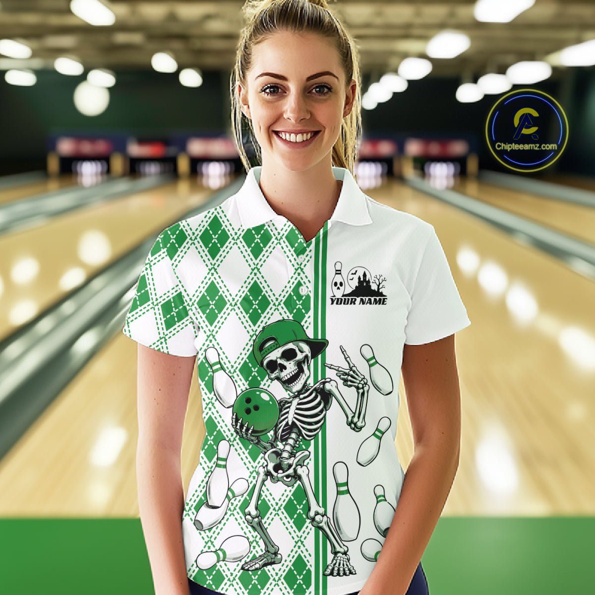 Custom Green Argyle Pattern Funny Skeleton Halloween Bowling Women Polo Shirt IPHW11978