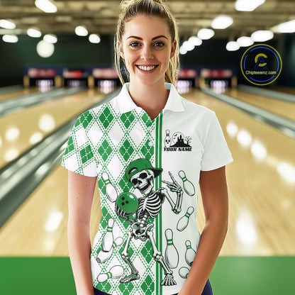 Custom Green Argyle Pattern Funny Skeleton Halloween Bowling Women Polo Shirt IPHW11978