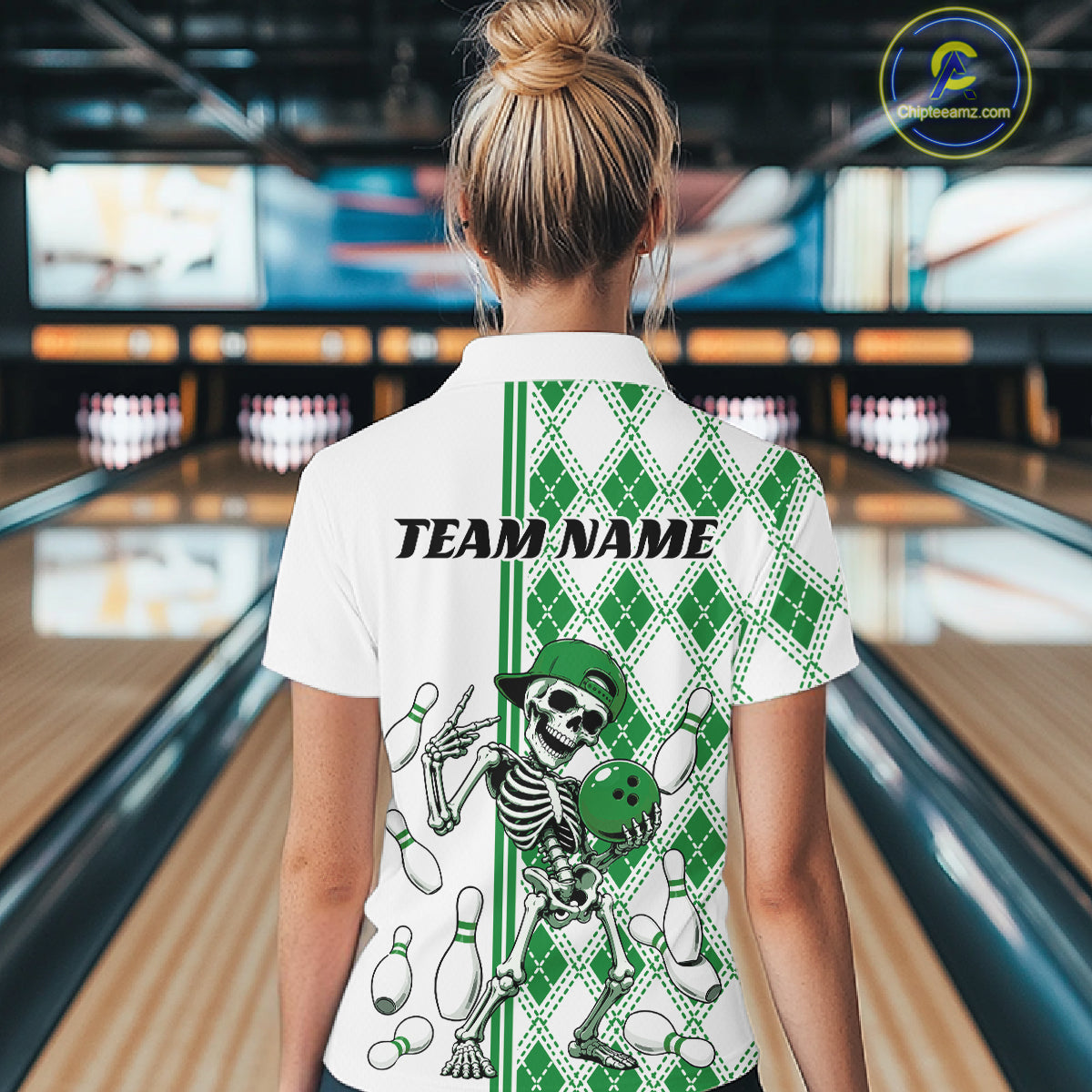 Custom Green Argyle Pattern Funny Skeleton Halloween Bowling Women Polo Shirt IPHW11978