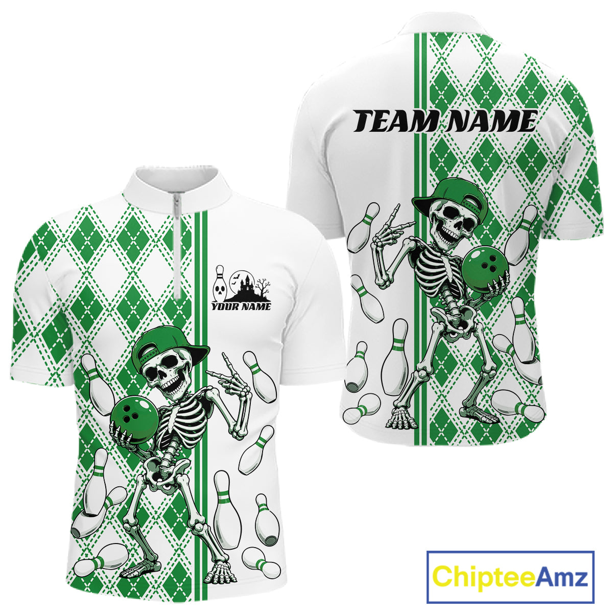 Custom Green Argyle Pattern Funny Skeleton Halloween Bowling Men Quarter Zip Shirt IPHW11978