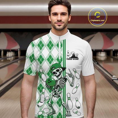 Custom Green Argyle Pattern Funny Skeleton Halloween Bowling Men Quarter Zip Shirt IPHW11978