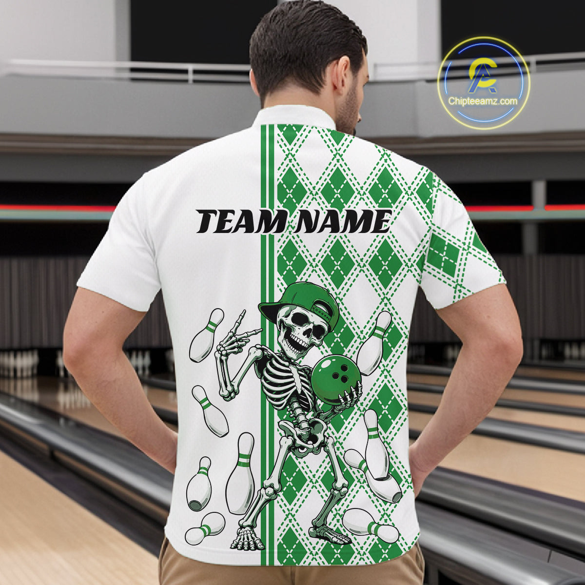 Custom Green Argyle Pattern Funny Skeleton Halloween Bowling Men Quarter Zip Shirt IPHW11978