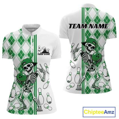 Custom Green Argyle Pattern Funny Skeleton Halloween Bowling Women Quarter-Zip Shirt IPHW11978