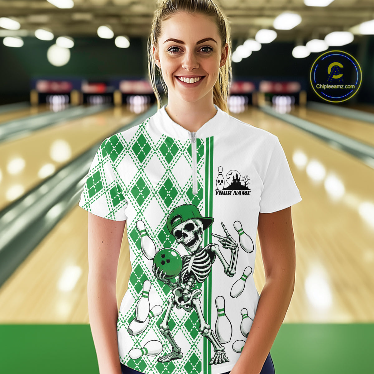 Custom Green Argyle Pattern Funny Skeleton Halloween Bowling Women Quarter-Zip Shirt IPHW11978