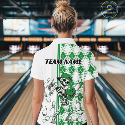 Custom Green Argyle Pattern Funny Skeleton Halloween Bowling Women Quarter-Zip Shirt IPHW11978