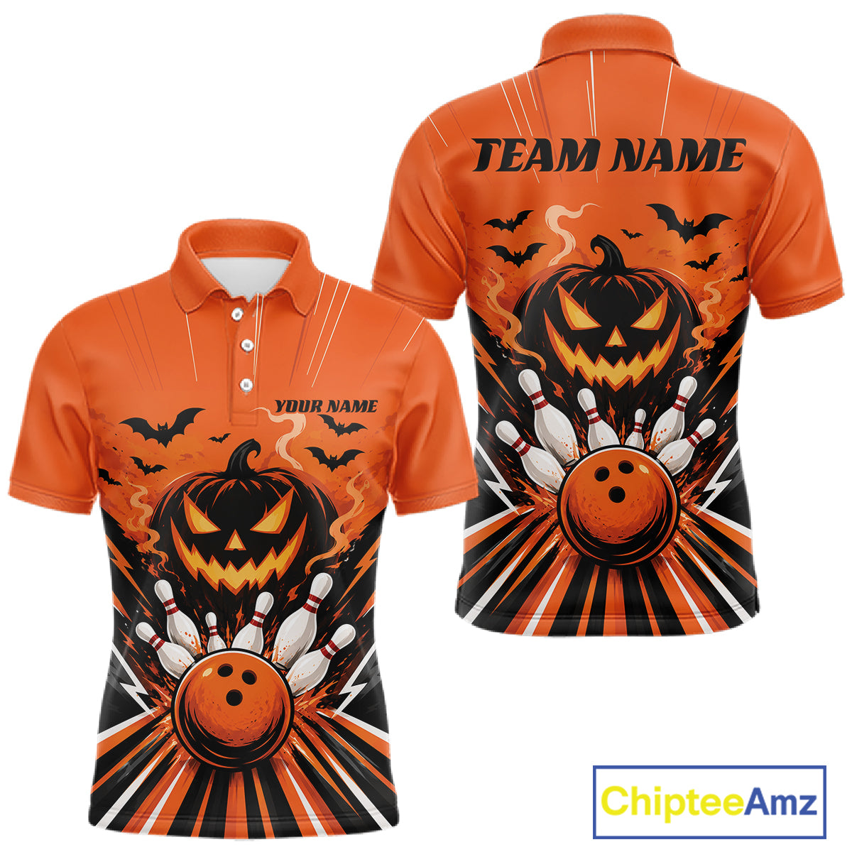 Custom Funny Orange Jack O Lantern Halloween Bowling Men Polo Shirt, Team Outfit IPHW11985