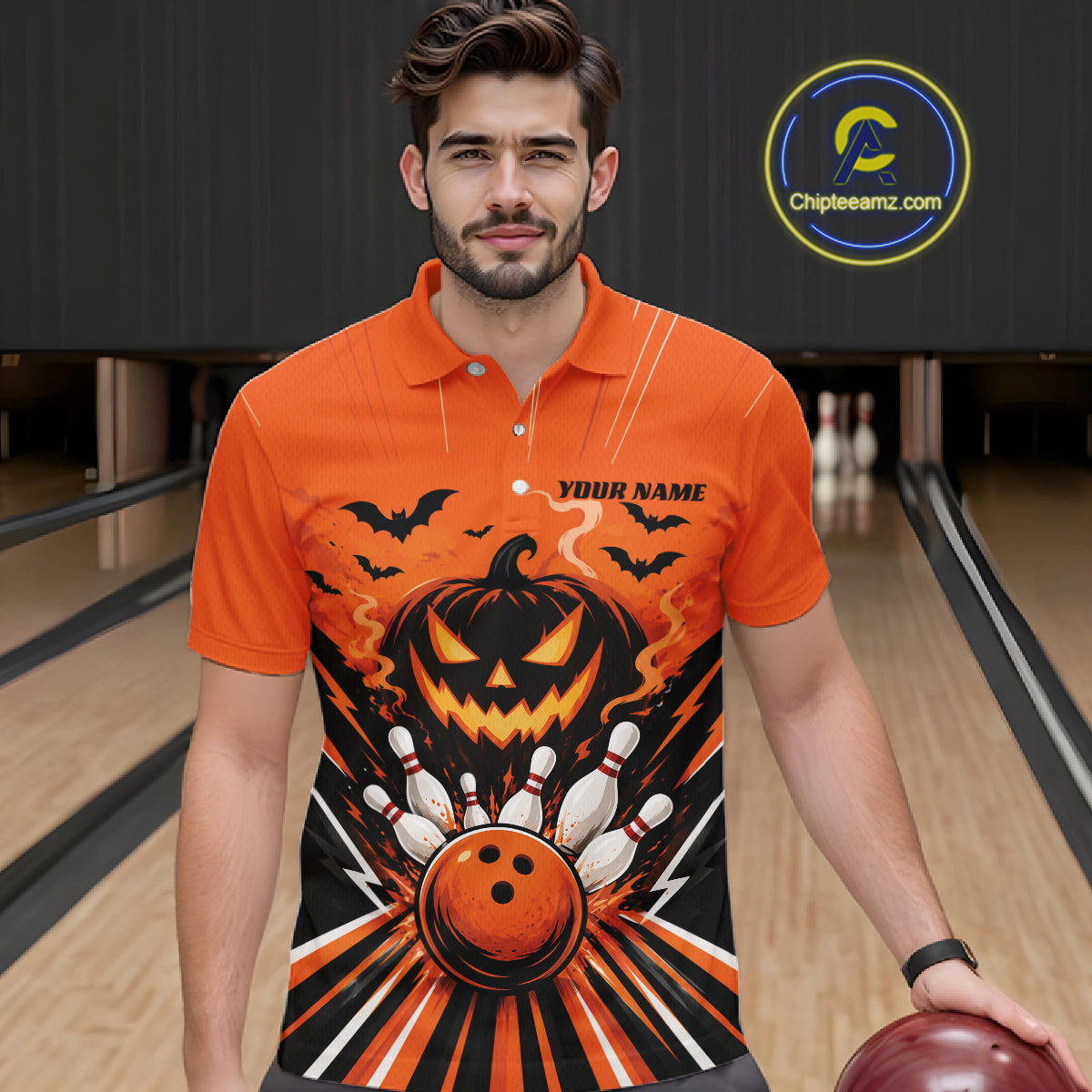 Custom Funny Orange Jack O Lantern Halloween Bowling Men Polo Shirt, Team Outfit IPHW11985