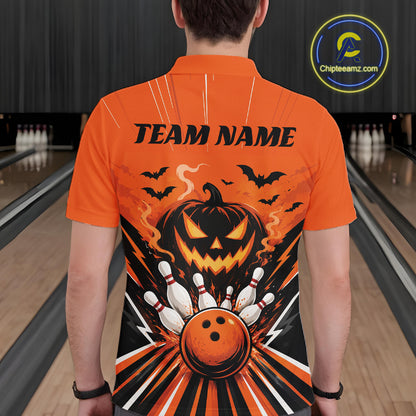 Custom Funny Orange Jack O Lantern Halloween Bowling Men Polo Shirt, Team Outfit IPHW11985