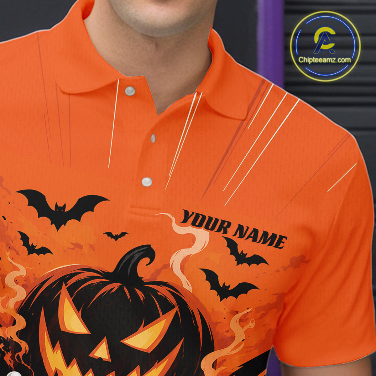 Custom Funny Orange Jack O Lantern Halloween Bowling Men Polo Shirt, Team Outfit IPHW11985