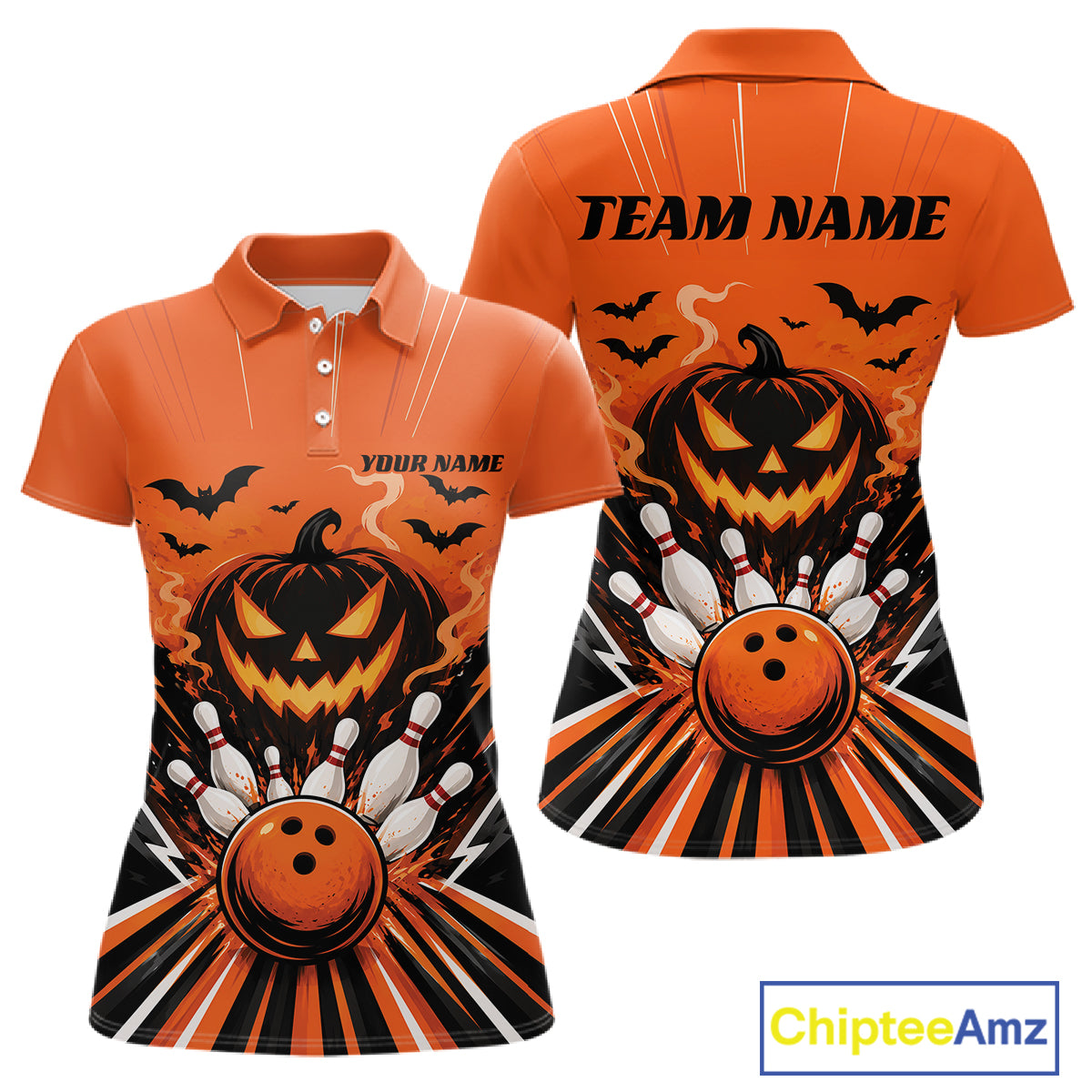 Custom Funny Orange Jack O Lantern Halloween Bowling Women Polo Shirt, Team Outfit IPHW11985