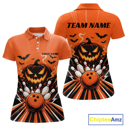 Custom Funny Orange Jack O Lantern Halloween Bowling Women Polo Shirt, Team Outfit IPHW11985