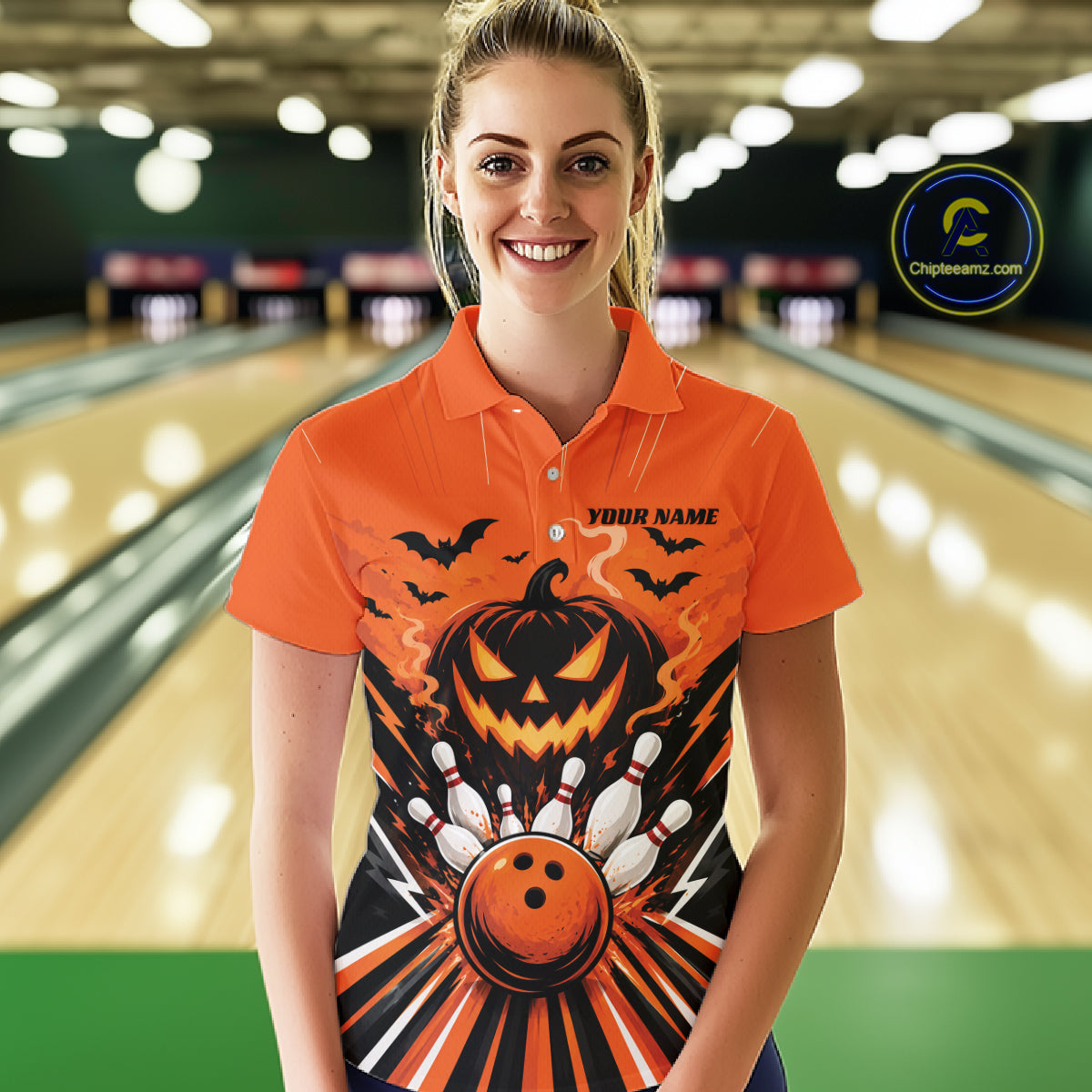 Custom Funny Orange Jack O Lantern Halloween Bowling Women Polo Shirt, Team Outfit IPHW11985