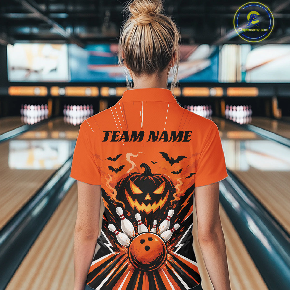 Custom Funny Orange Jack O Lantern Halloween Bowling Women Polo Shirt, Team Outfit IPHW11985