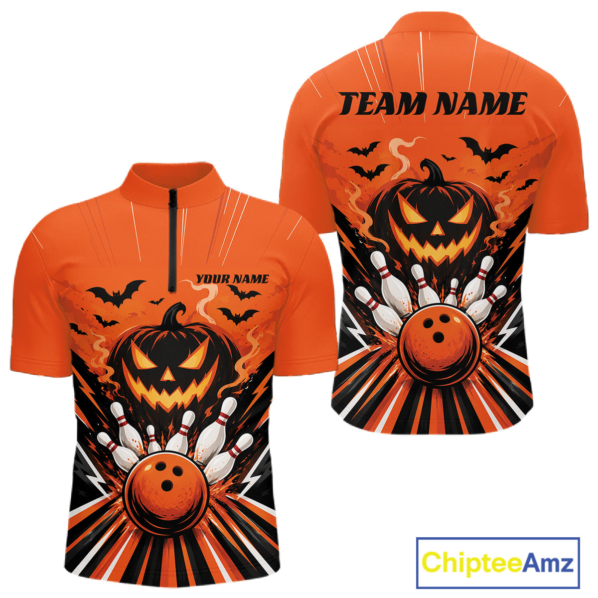 Custom Funny Orange Jack O Lantern Halloween Bowling Men Quarter Zip Shirt, Team Outfit IPHW11985