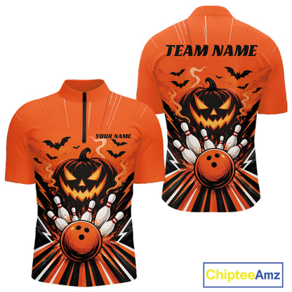Custom Funny Orange Jack O Lantern Halloween Bowling Men Quarter Zip Shirt, Team Outfit IPHW11985