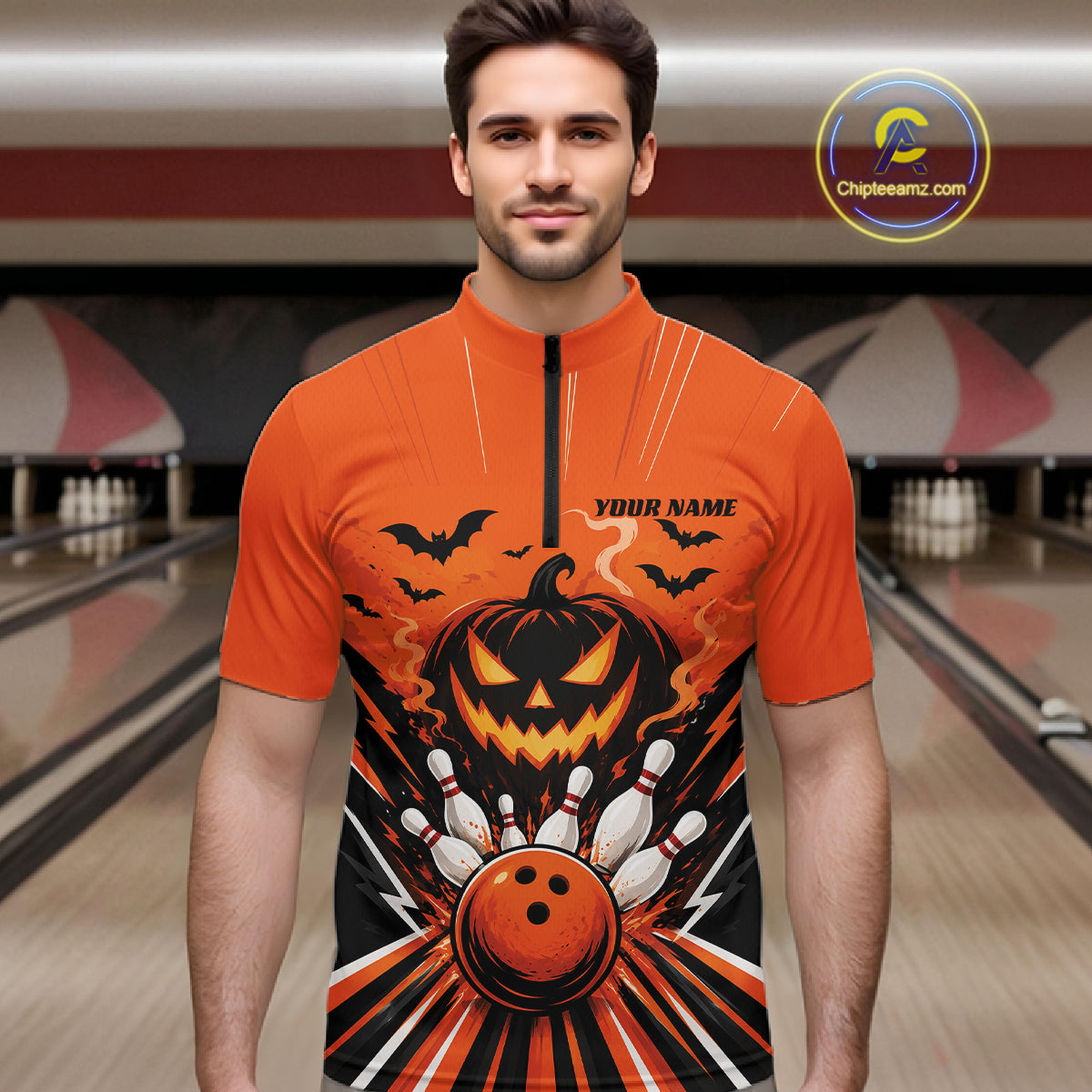 Custom Funny Orange Jack O Lantern Halloween Bowling Men Quarter Zip Shirt, Team Outfit IPHW11985