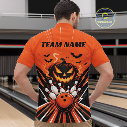 Custom Funny Orange Jack O Lantern Halloween Bowling Men Quarter Zip Shirt, Team Outfit IPHW11985