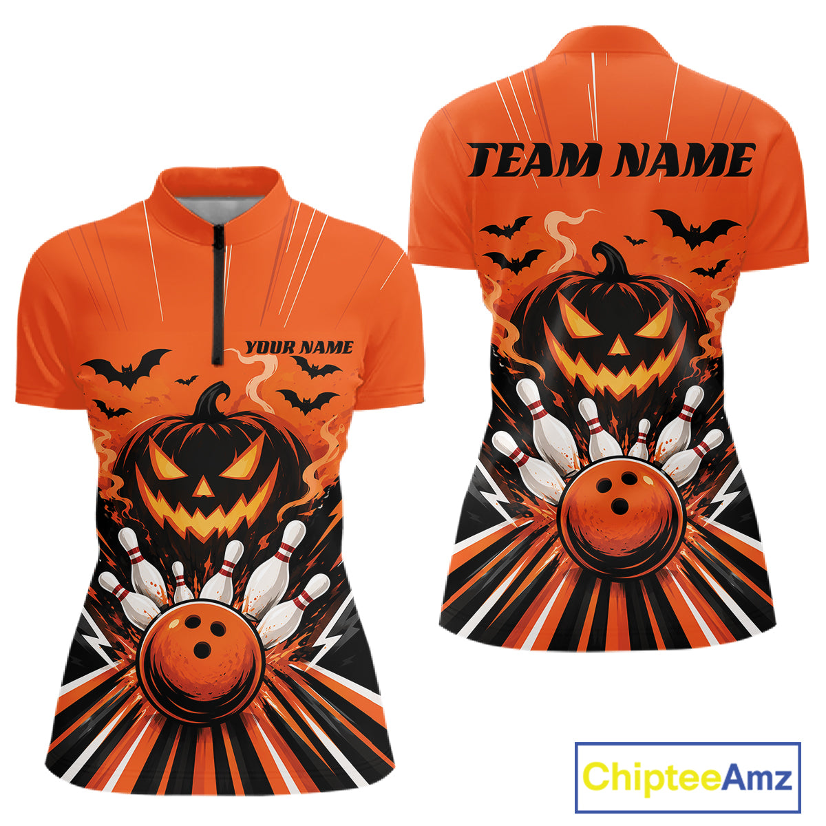 Custom Funny Orange Jack O Lantern Halloween Bowling Women Quarter-Zip Shirt Outfit IPHW11985