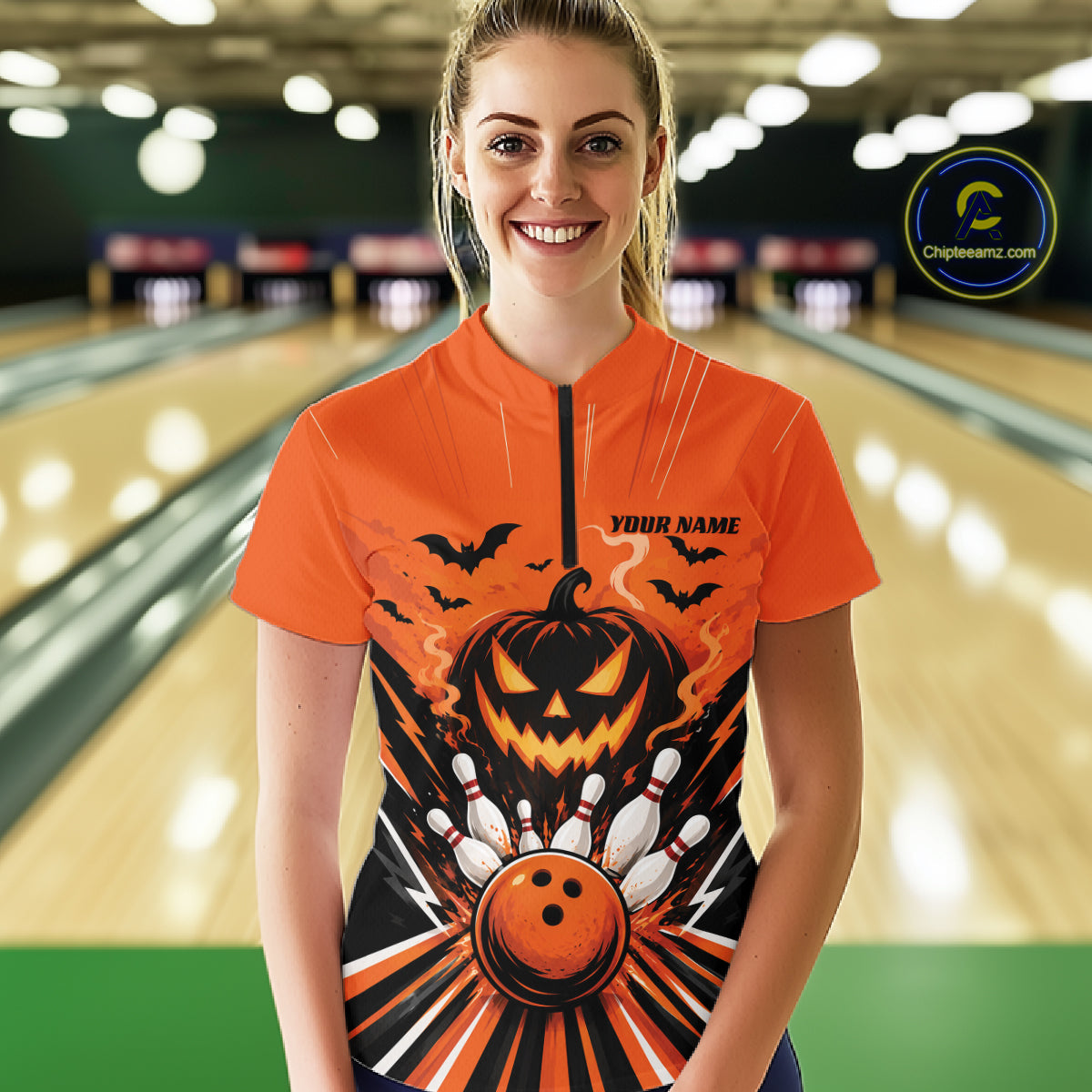 Custom Funny Orange Jack O Lantern Halloween Bowling Women Quarter-Zip Shirt Outfit IPHW11985