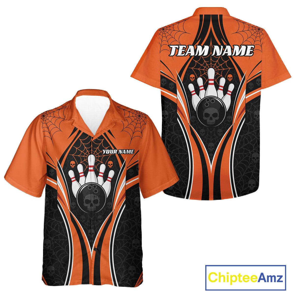Custom Black And Orange Skull Bowling Ball And Spider Web Halloween Men And Women Button Up Shirt IPHW11987