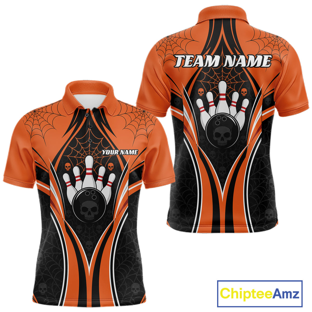 Custom Black And Orange Skull Bowling Ball And Spider Web Halloween Men Polo Shirt IPHW11987