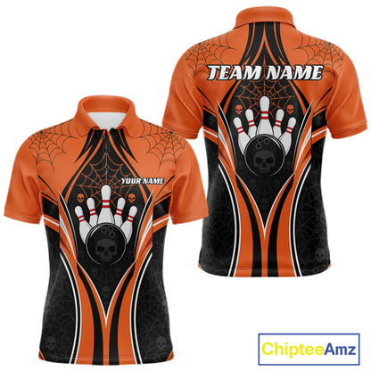 Custom Black And Orange Skull Bowling Ball And Spider Web Halloween Men Polo Shirt IPHW11987