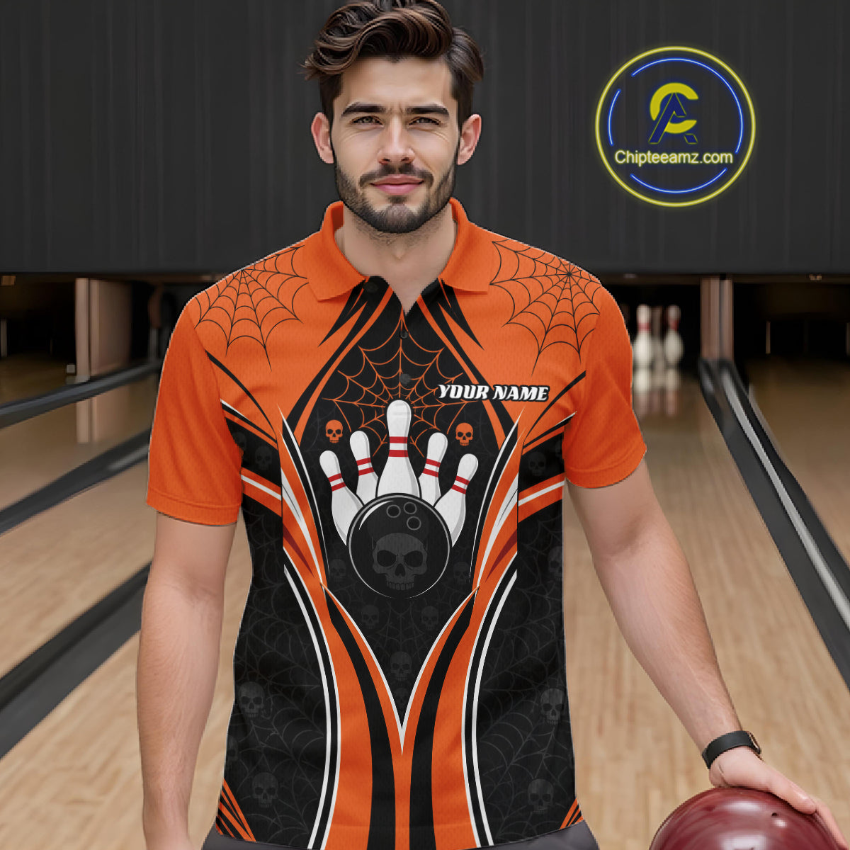 Custom Black And Orange Skull Bowling Ball And Spider Web Halloween Men Polo Shirt IPHW11987