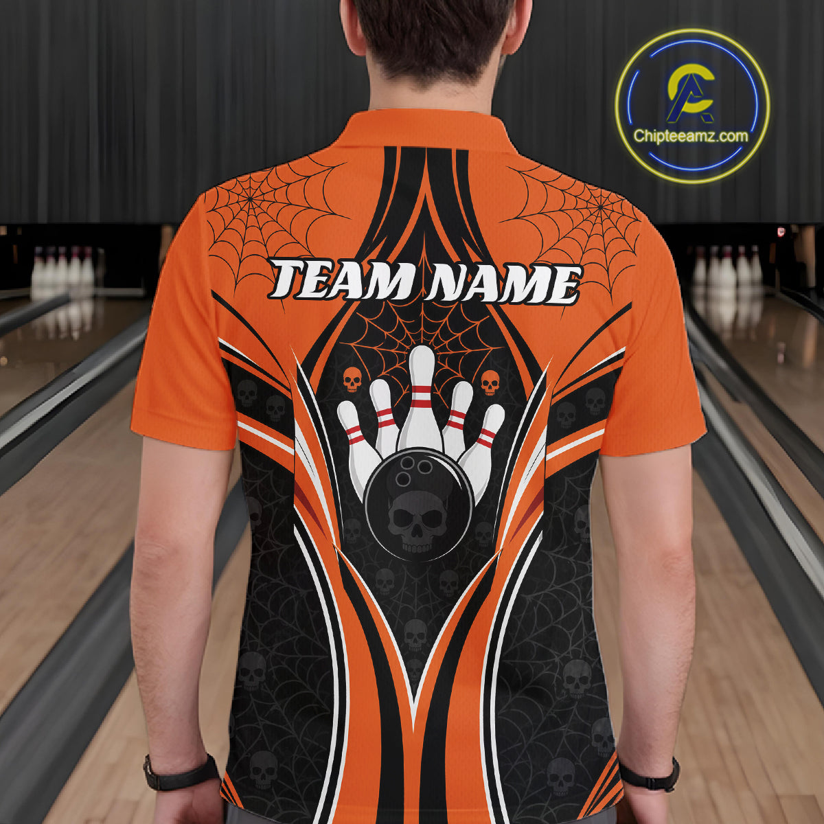 Custom Black And Orange Skull Bowling Ball And Spider Web Halloween Men Polo Shirt IPHW11987
