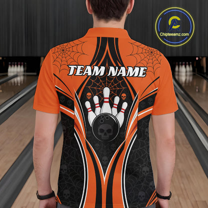 Custom Black And Orange Skull Bowling Ball And Spider Web Halloween Men Polo Shirt IPHW11987
