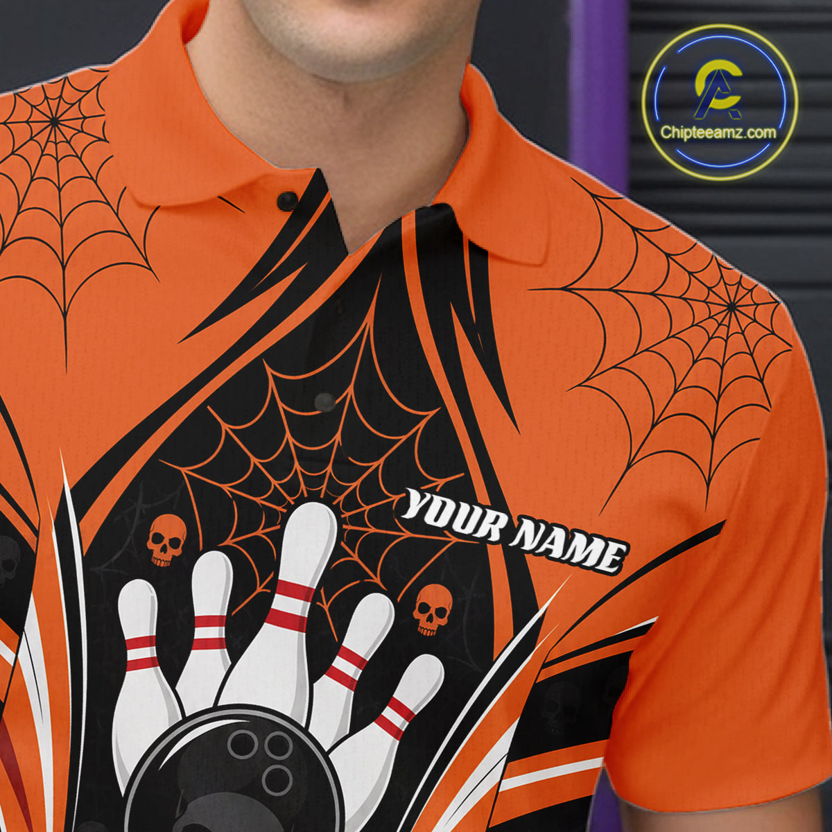 Custom Black And Orange Skull Bowling Ball And Spider Web Halloween Men Polo Shirt IPHW11987
