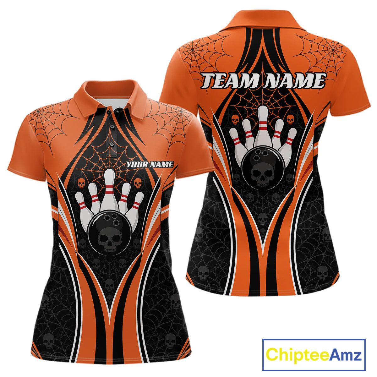 Custom Black And Orange Skull Bowling Ball And Spider Web Halloween Women Polo Shirt IPHW11987