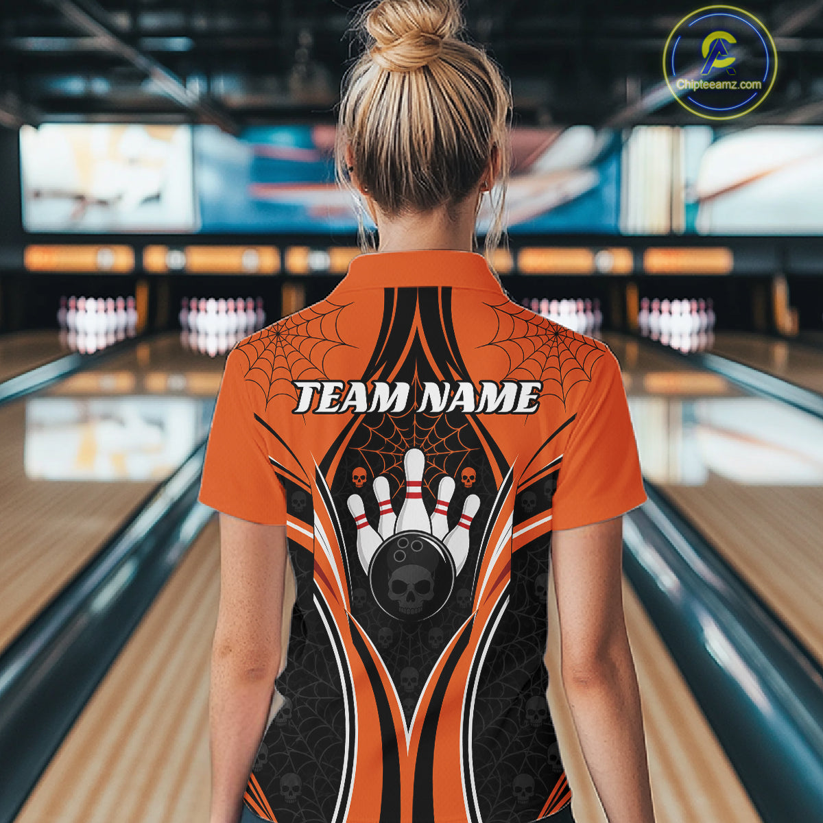 Custom Black And Orange Skull Bowling Ball And Spider Web Halloween Women Polo Shirt IPHW11987