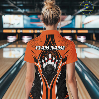 Custom Black And Orange Skull Bowling Ball And Spider Web Halloween Women Polo Shirt IPHW11987